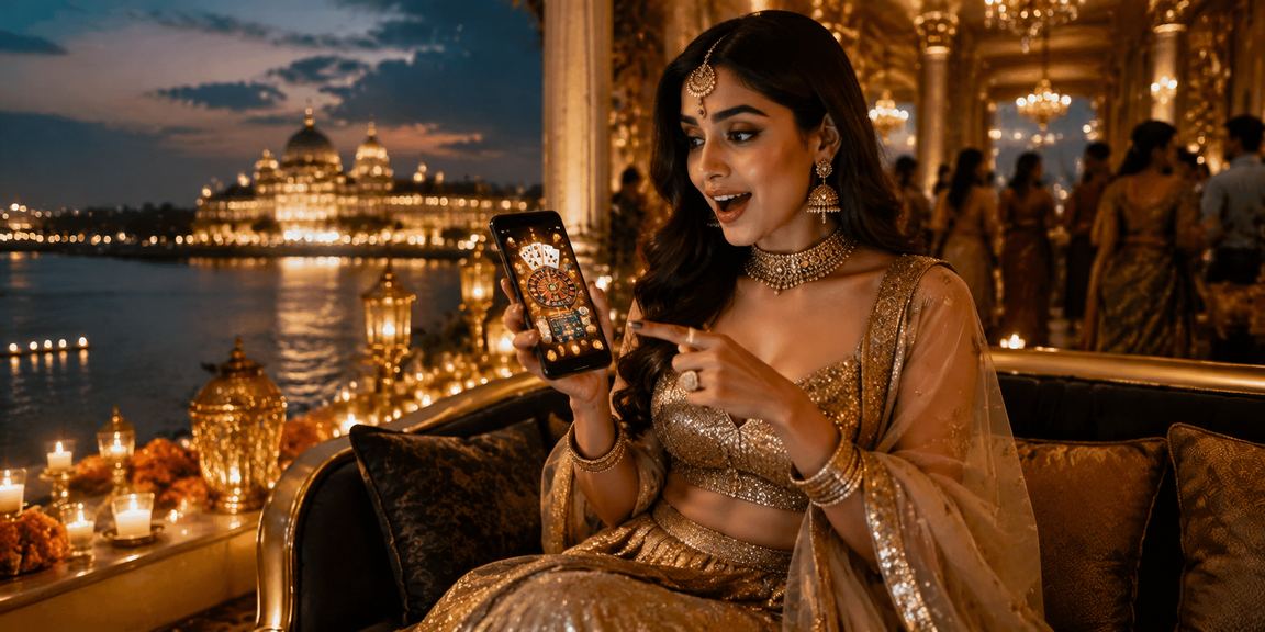 Indian woman enjoying casino app in traditional lehenga attire