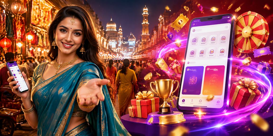 Indian woman using mobile device for cricket betting with traditional attire